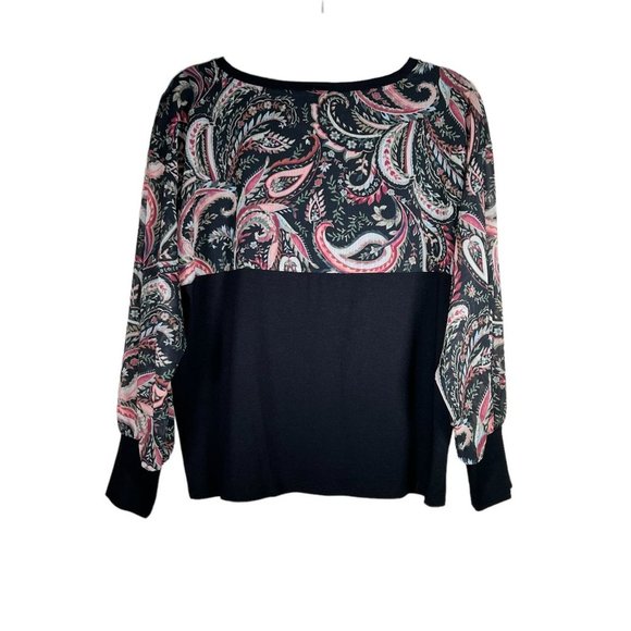 Chicos Paisley Black Mix Media Blouse Longsleeve Medium Sheer Balloon Sleeves - Picture 2 of 8